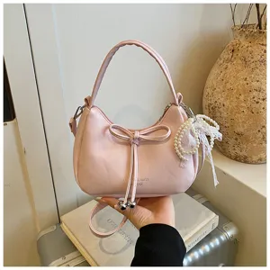 Borsa a tracolla in pelle PU rosa da donna, borsa elegante con fiocco e ciondolo di perle.