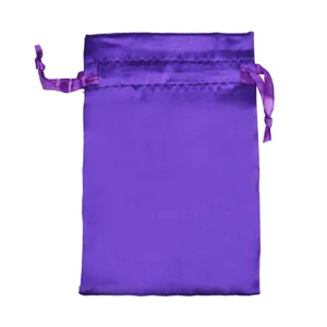 Premium purple satin drawstring pouch silk ribbon storage gift bag on white background