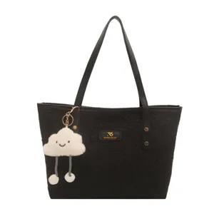 Black tote shoulder bag large capacity casual fashion handbag with cute cloud pendant for women.