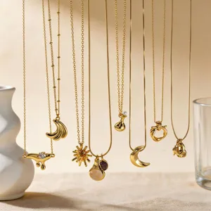Minimalist Copper Pendant Necklace For Women Gold Plated Natural Stone Moon Star Fashion Jewelry Daily Commute