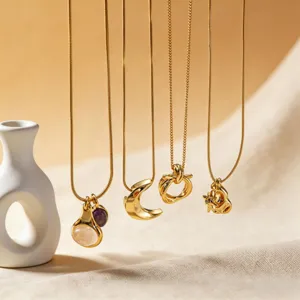 Elegant gold plated necklace set with moon and natural stone pendants for women daily wear.