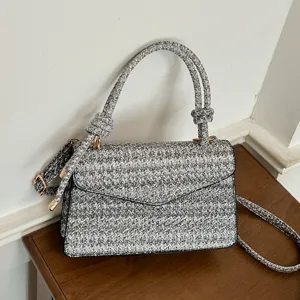 Borsa a Tracolla Tessuta alla Moda da Donna Elegante Borsa a Righe Borsa a Spalla Casual in Pelle PU Abbinamento Quotidiano