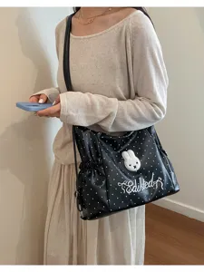 Borsa a tracolla nera a pois in stile coreano con grazioso cerotto di coniglio bianco e ricamo.