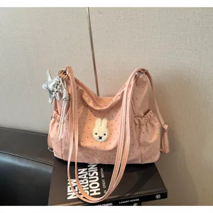 Borsa tote rosa a pois stile coreano grande capacità grazioso borsa a spalla con coniglio