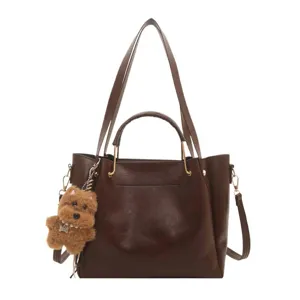Retro dark brown PU leather shoulder bag large capacity casual tote bag with cute dog pendant