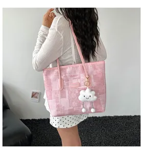Femme rose grande capacité cabas sac à épaule décontracté sac à main avec pendentif nuage