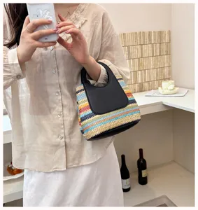 Rainbow striped straw woven bag, fashion summer handbag with black flap, stylish daily purse.