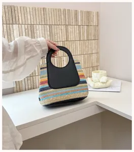 Stylish rainbow striped straw woven handbag for women, chic summer beach casual tote bag.