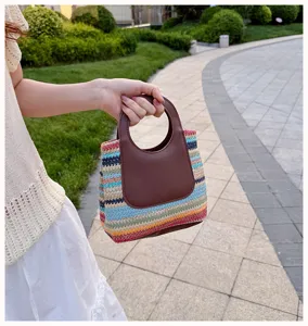 Rainbow striped straw woven handbag, stylish summer casual top handle purse for women.