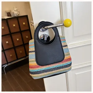 Colorful striped straw woven handbag, fashion summer daily bucket bag for women.