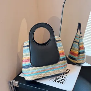 Women fashion rainbow striped straw woven handbag with black round handle summer daily bag