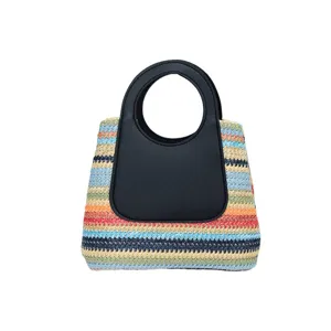 Colorful striped straw woven handbag with black round handle, stylish summer casual tote bag.