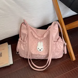 Borsa tote multifunzionale rosa a pois in stile coreano con grazioso cerotto di coniglio.