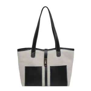 Stylish color-block canvas tote bag for women, large capacity shoulder bag with metal clasp.