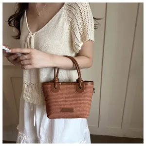 Woven straw bucket bag for women summer beach handbag with brown PU leather handles casual style
