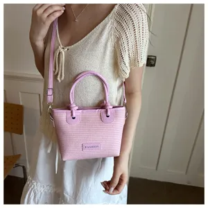 Pink woven bucket bag stylish handbag casual crossbody beach bag for women daily wear