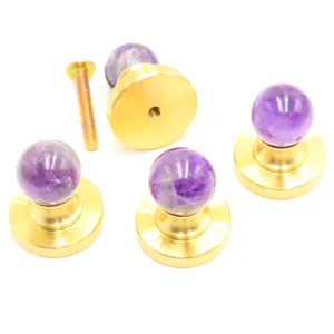 Natural Amethyst Stone Cabinet Knob With Pure Copper Base Luxury Crystal Drawer Pulls Furniture Hardware Pull For Home Decor