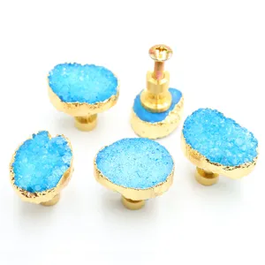 Blue crystal agate stone cabinet knobs with gold edge single hole furniture drawer pulls hardware