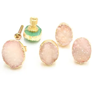 Natural stone crystal cabinet knob with brass base single hole furniture hardware pull handle