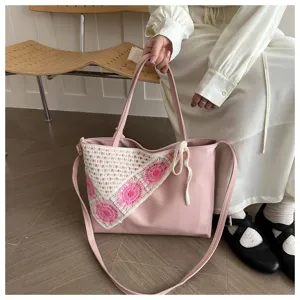 Ροζ τσάντα tote για γυναίκες με κομψό σχέδιο patchwork από δαντέλα, μεγάλη τσάντα ώμου.