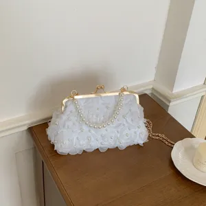 Sac de Soirée pour Femmes Élégant Filet Floral Chaîne en Perles Sac à Main Rétro Cadre en Métal Pochette Sac Bandoulière