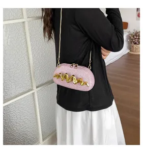 Rosa Glitzer Umhängetasche mit Goldwellen Akzent und Kette für Damen elegante Alltag Mode
