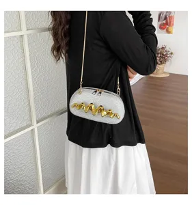 Damen silberne Glitzer Umhängetasche mit goldenem Wellen-Design, schicke Schultertasche.