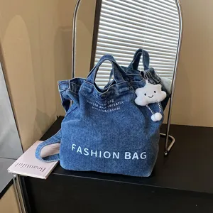 Casual Denim Canvas Tote Bag Large Capacity Letter Print Shoulder Crossbody Bag With Pendant Fashion Women Student Bag