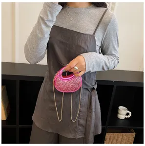 Women crescent acrylic evening bag mini glitter shoulder handbag detail showcase pink