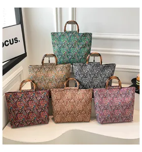 Mujer vintage paisley estampado bolso tote gran capacidad bolso de mano con mango de bambu