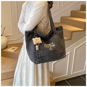Koreaanse stijl denim shopper tas met borduurwerk, grote schoudertas voor dames dagelijks.
