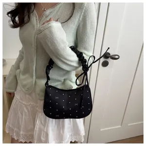 Sweet style pleated crescent shoulder bag for women, cute polka dot underarm bag summer.