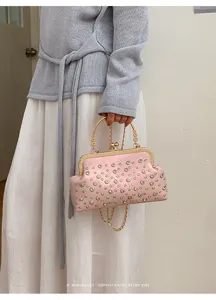 Sac à Main Rétro Strass Rose Fermoir Métallique Chaîne Élégante Bandoulière Femme