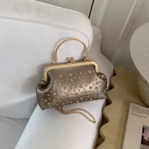 Élégant sac de soirée strassé avec poignée en métal et chaîne pour femme chic et tendance.
