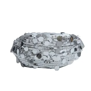 Silver sequin dumpling bag for women, stylish crossbody shoulder bag with sparkling design.