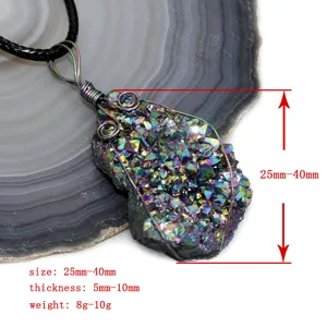 Natural rainbow crystal druzy pendant wire wrapped raw stone necklace for women and girls.