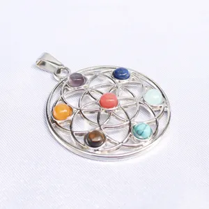 Pendentif Chakra en Cristal d'Agate Naturelle Sept Chakras Yoga Méditation Pendentif en Métal Spirituel Sans Chaîne Cadeau de Bijoux