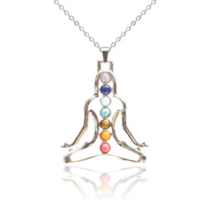 Sept Chakras Pendentif Figure Yoga Méditation Collier Couleur Argent Cristal Bijoux Femme