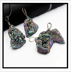 Titanium aura quartz crystal cluster pendant irregular raw stone DIY necklace accessory