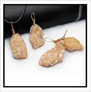 Natural raw crystal geode pendant wire wrapped irregular quartz stone necklace accessory.