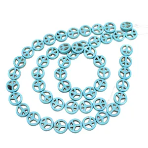 Synthetic turquoise peace sign beads round loose beads for DIY handmade jewelry necklaces.