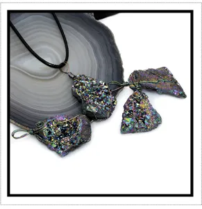Iridescent raw crystal cluster pendant DIY necklace accessory with unique rough druzy design.