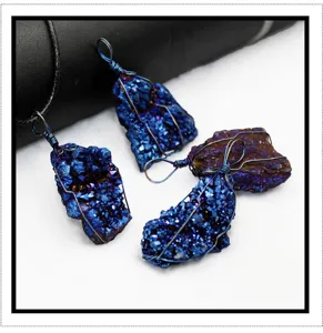 Natural titanium coated crystal cluster pendant wire wrapped rough stone necklace jewelry