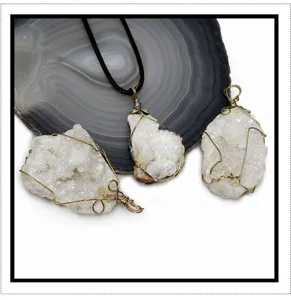 Natural raw crystal druzy stone wire wrapped pendant necklace irregular cluster DIY jewelry making