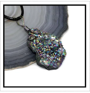 Close-up detail of a dazzling raw crystal cluster pendant with wire-wrapped design and cord.