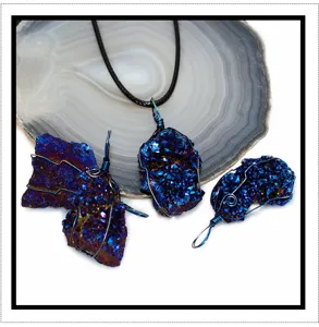 Natural crystal cluster pendant wire wrapped blue titanium quartz necklace jewelry accessory