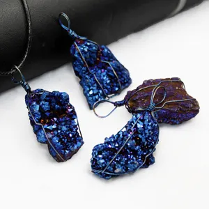 Blue titanium coated natural druzy crystal cluster pendant DIY necklace jewelry accessory main