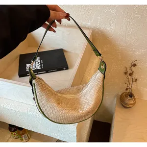 Sac à épaule en paille tissée mode bordure verte sac hobo décontracté chic sac main