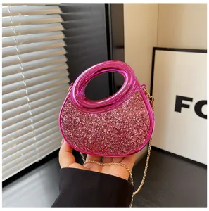 Women pink glitter acrylic crescent evening bag stylish mini crossbody handbag with chain