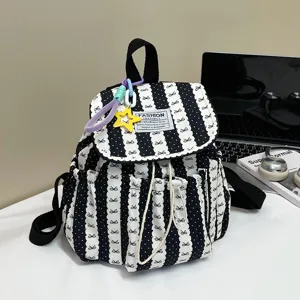Casual black white striped canvas backpack stylish school book bag for daily student use